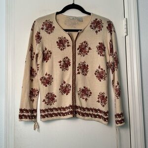Anthropologie Odille Silk & Cotton Blend Ivory and Red Cardigan Size Medium